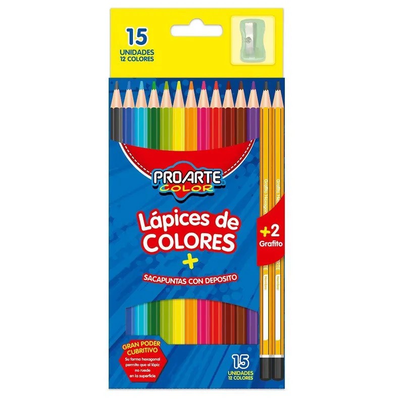 Lapices De Colores 12 Colores PROARTE Hegaxonal +2 Grafito + Sacapuntas